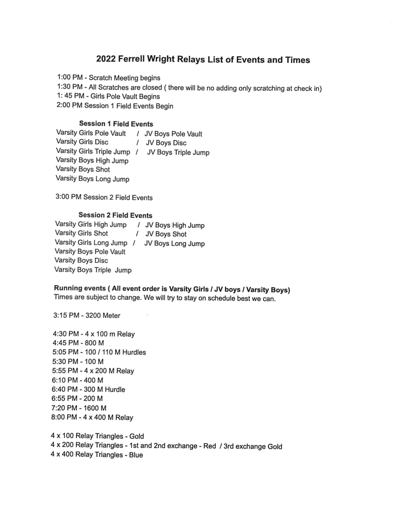 Ferrell Wright Relays Schedule of Events
